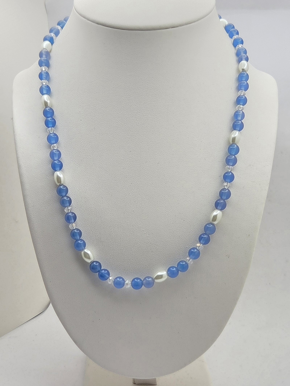 Blue Glass Beaded Faux Pearl & Crystal Accent Strand Necklace - 19"
